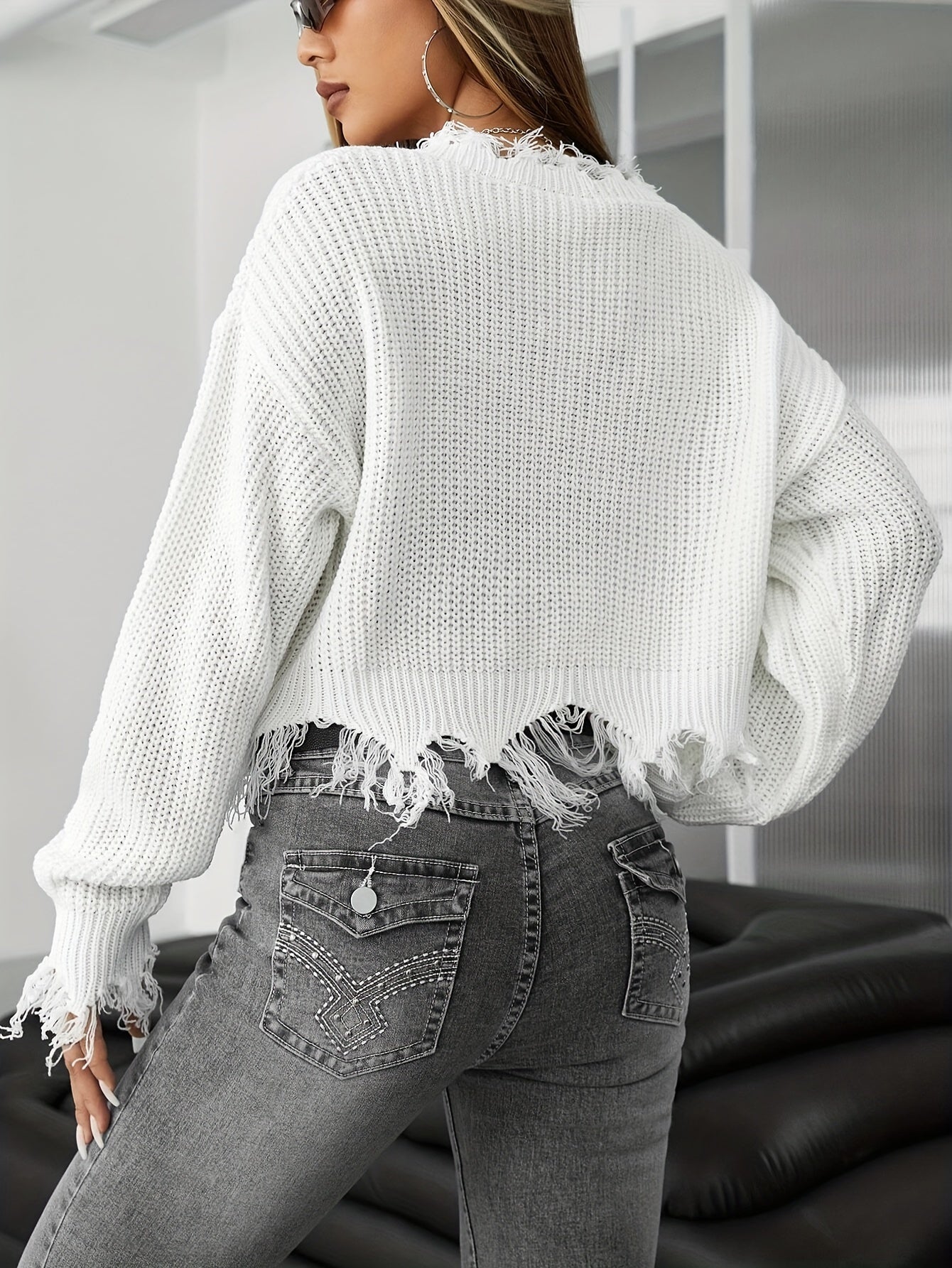 Asymmetrical Tassel Hem V Neck Sweater - Elegant Long Sleeve Sweater For Fall & Winter - Women's Clothing - Soft & Cozy Fabric - Perfect Gift for Fashionable Women